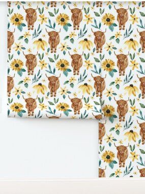 Spoonflower Peel & Stick Wallpaper Highland Cow and Sunflowers NEW 2' x 9'